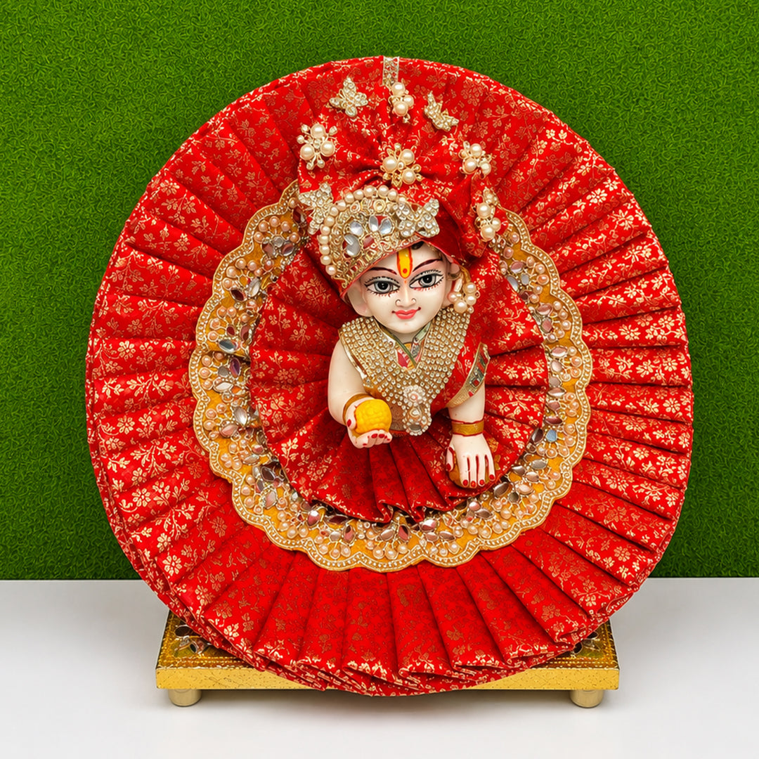 Royal Red Handcrafted Laddu Gopal Poshak Set with Designer Mukut