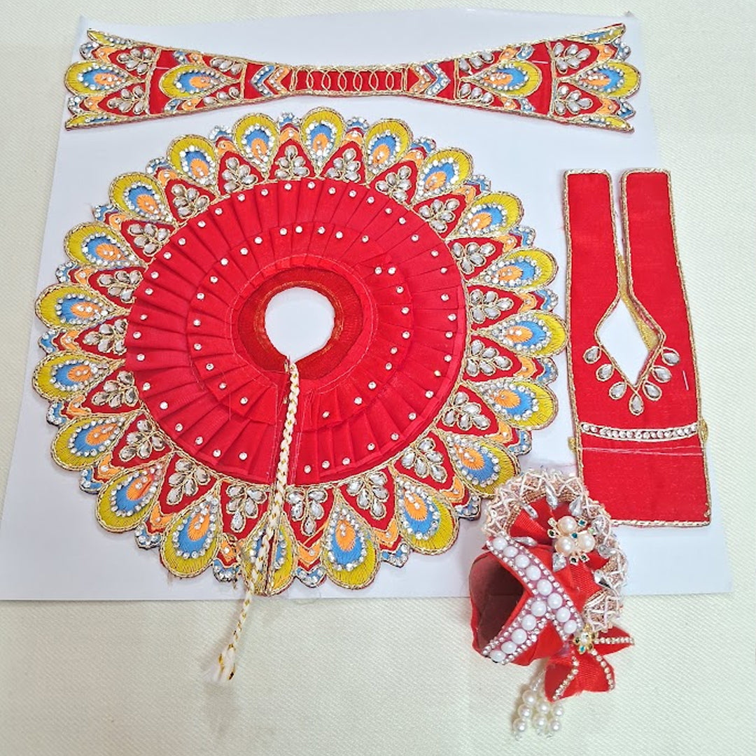 Daivik Vastram Red Peacock Laddu Gopal Poshak Set with Mukut, Patka & Choli