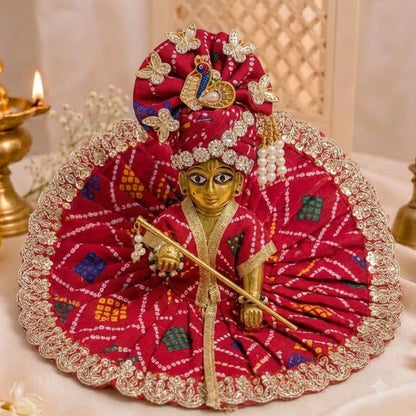 Red Bandhani Laddu Gopal Dress with Peacock Feather & Embellished Border