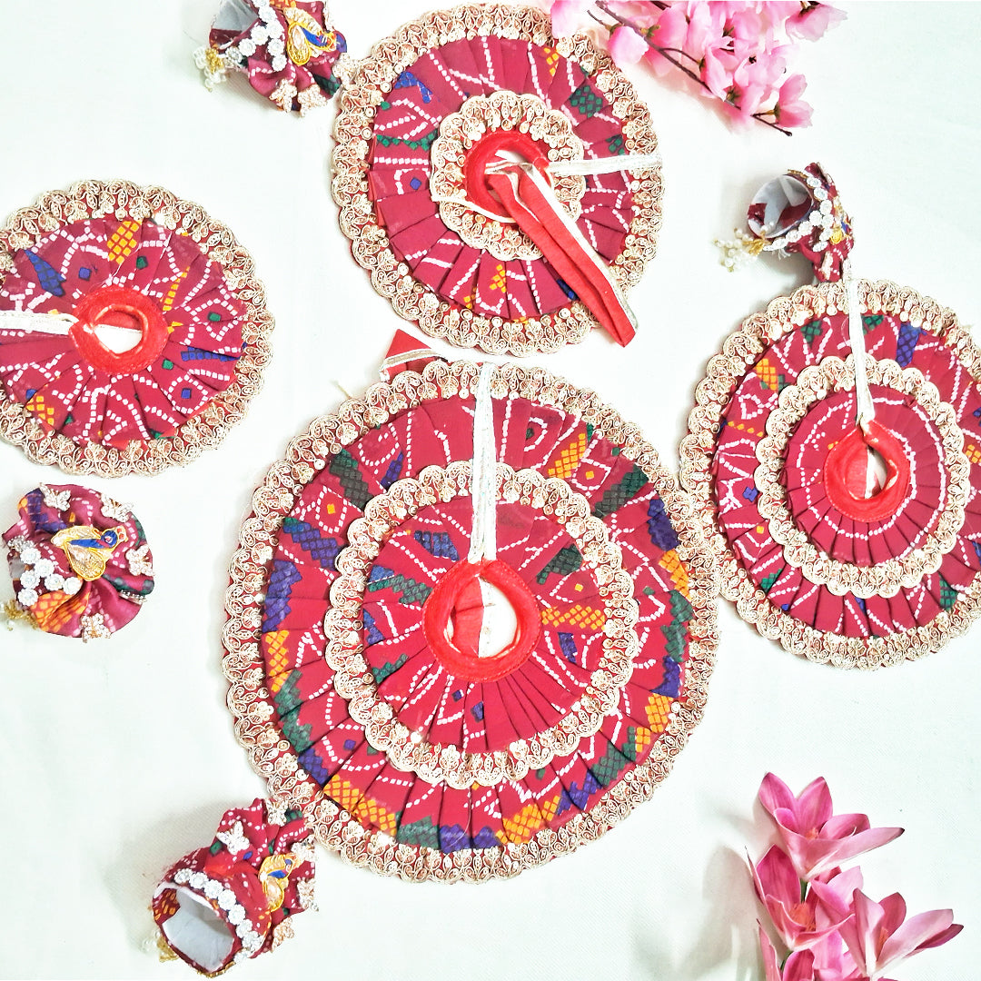 Red Bandhani Laddu Gopal Dress with Peacock Feather & Embellished Border