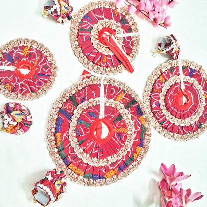 Red Bandhani Laddu Gopal Dress with Peacock Feather & Embellished Border