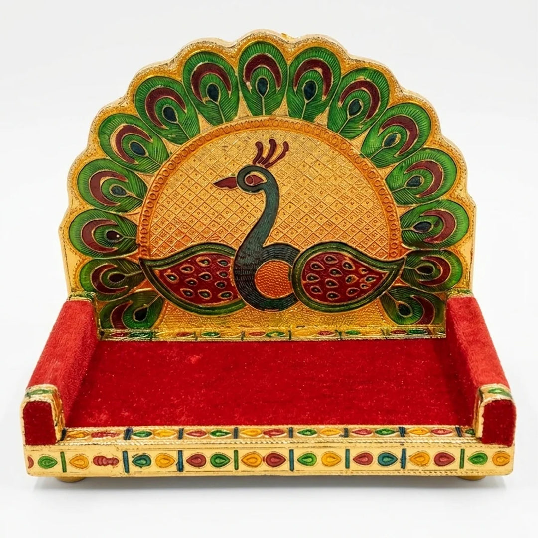 Handcrafted Laddu Gopal Sinhasan with Peacock Design | Wooden Meenakari Bal Gopal Singhasan