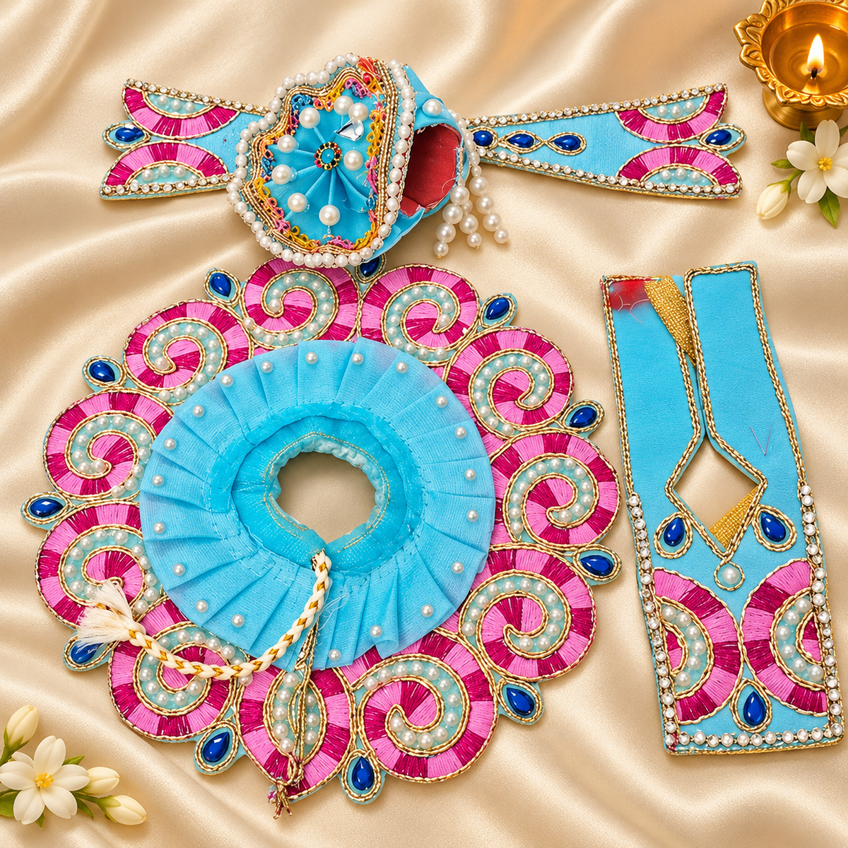 Sky Blue Handcrafted Laddu Gopal Dress Set with Mukut