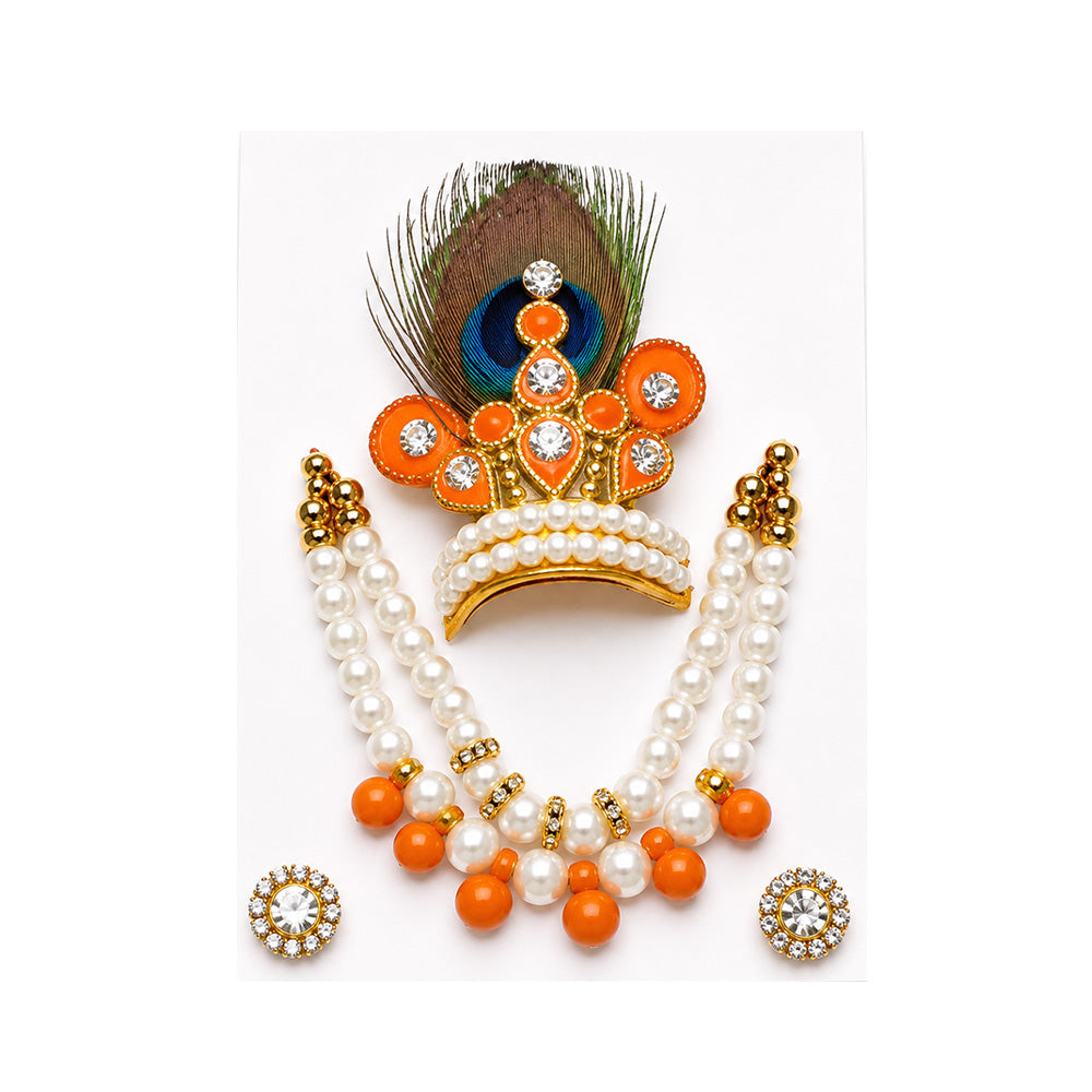 Vibrant Orange & Pearl Laddu Gopal Shringar Set | Mor Pankh Mukut, Mala & Earrings for Thakurji