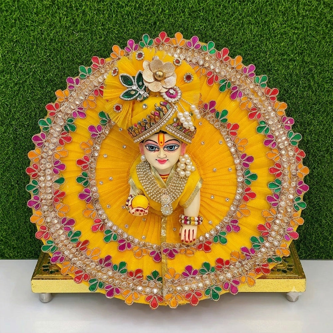 Handcrafted Yellow Laddu Gopal Poshak with Designer Mukut | Krishna Ji Dress