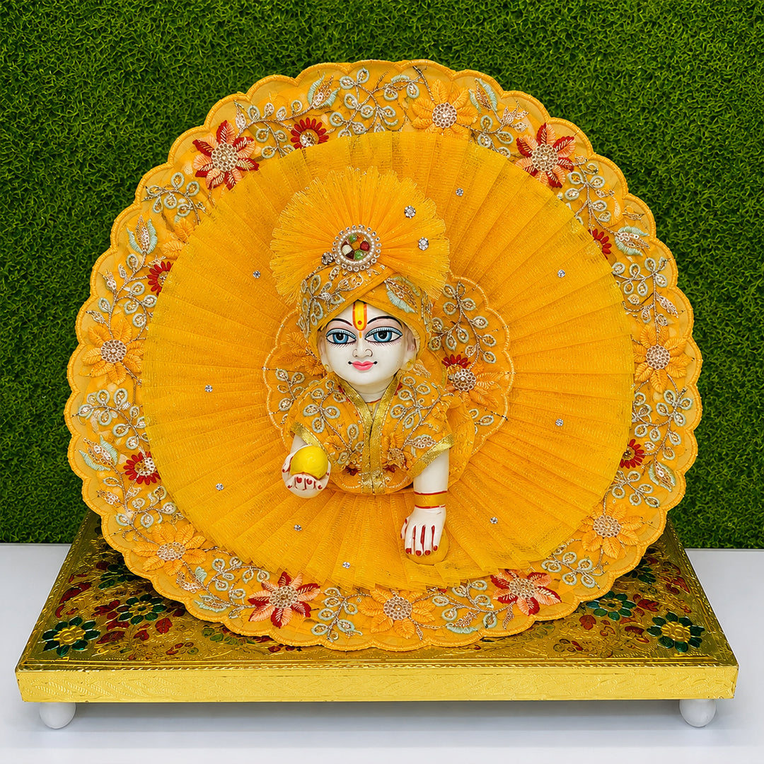 Handcrafted Yellow Laddu Gopal Dress (Poshak) with Mukut | Floral Embroidery Kanha Ji Designer Dress Set