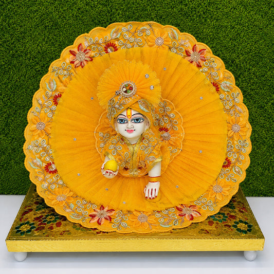 Handcrafted Yellow Laddu Gopal Dress (Poshak) with Mukut | Floral Embroidery Kanha Ji Designer Dress Set