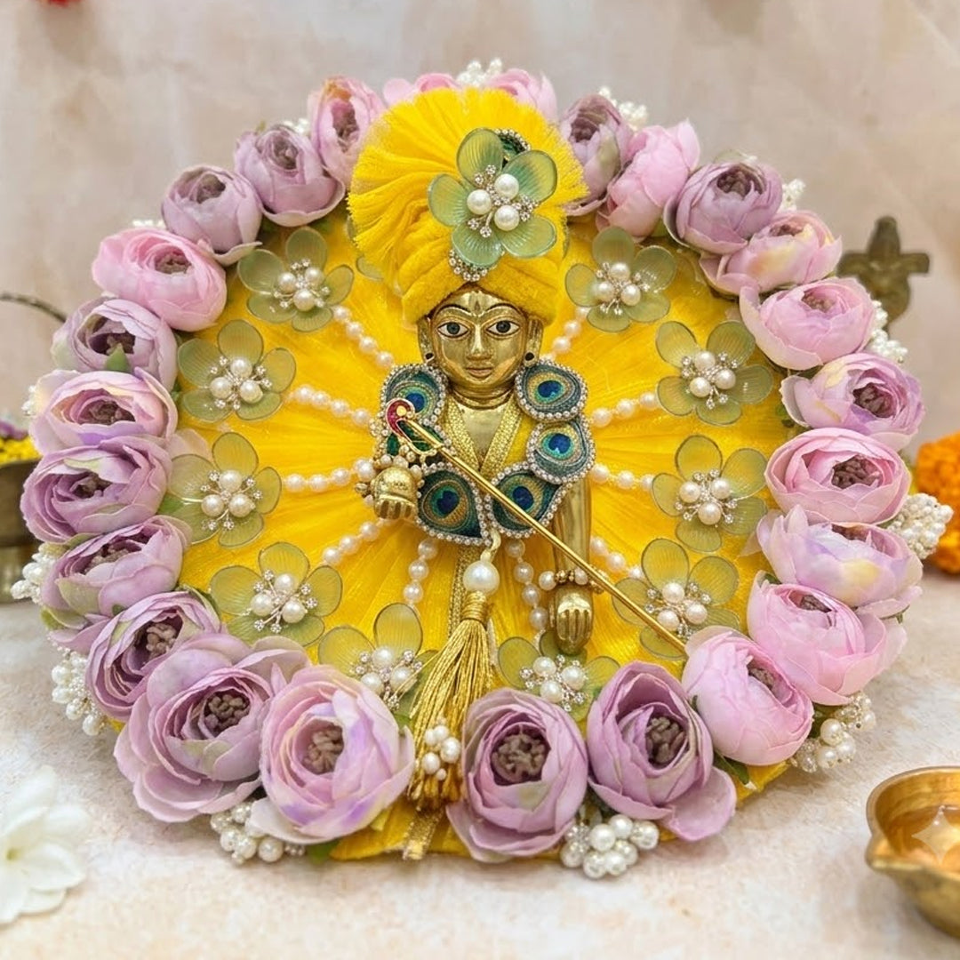 Yellow Floral Designer Laddu Gopal Poshak with Mukut