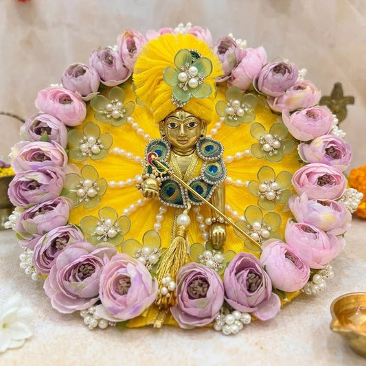 Yellow Floral Designer Laddu Gopal Poshak with Mukut