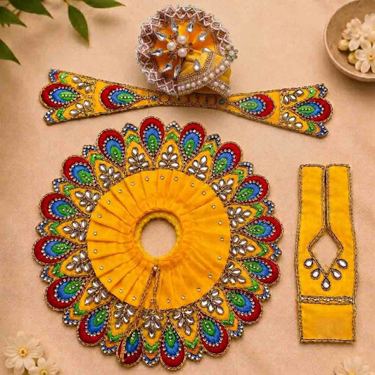 Yellow Peacock Design Laddu Gopal Poshak Set with Pagdi