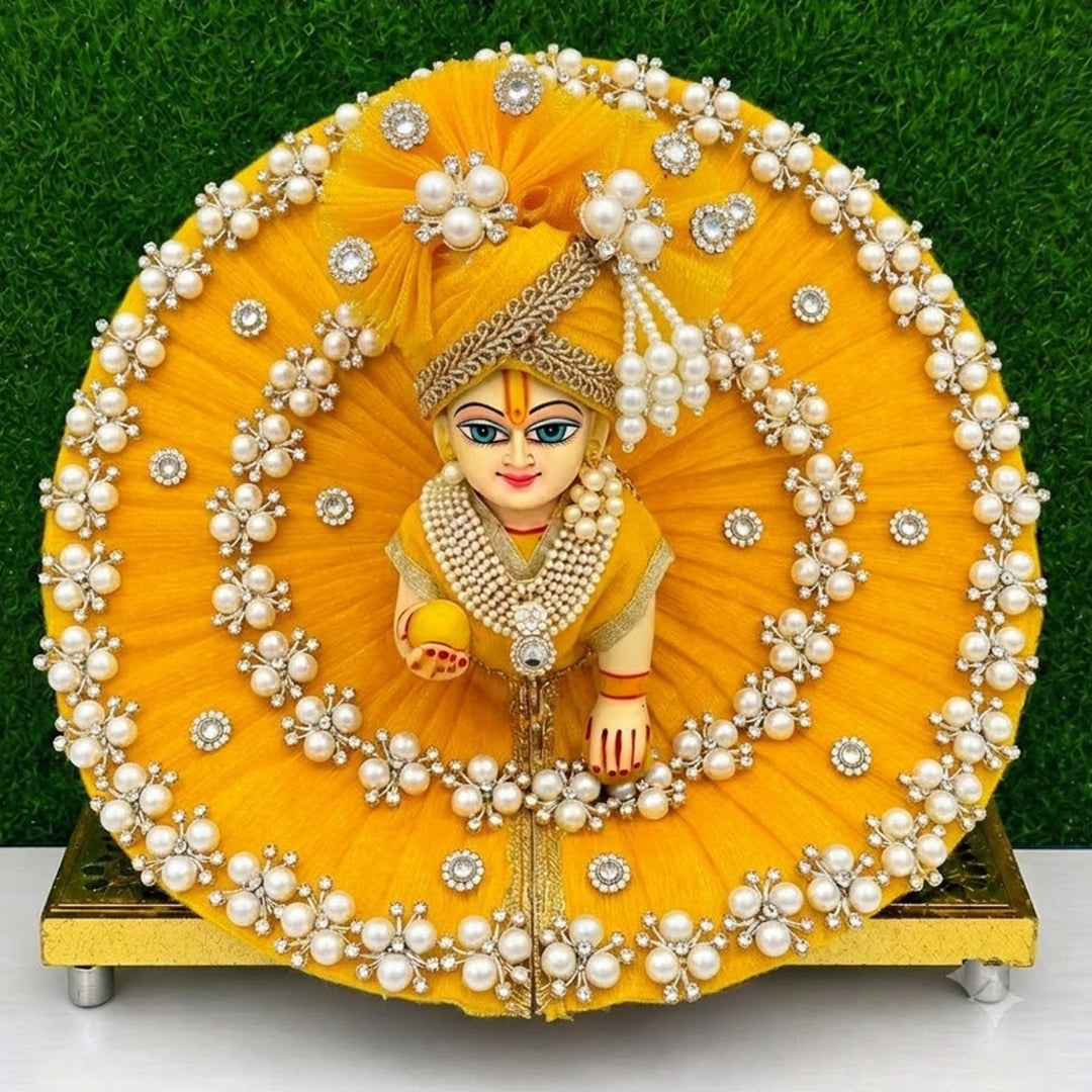 Handcrafted Yellow Pearl Poshak With Mukut For Laddu Gopal | Thakurji Festive Dress