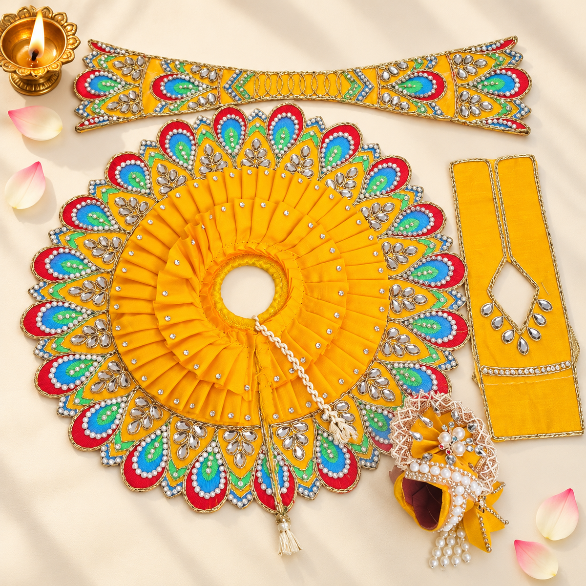 Yellow Peacock Design Laddu Gopal Poshak Set with Pagdi