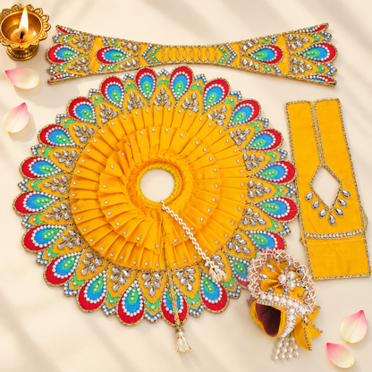 Yellow Peacock Design Laddu Gopal Poshak Set with Pagdi