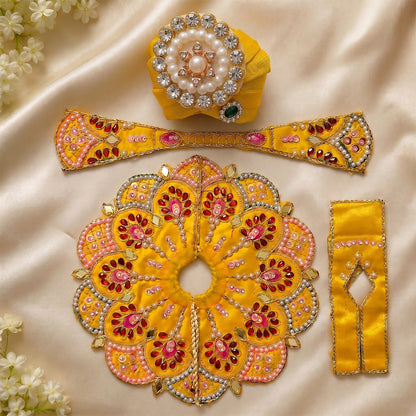Premium Designer Yellow Laddu Gopal Poshak with Heavy Kundan Work & Jewelled Mukut