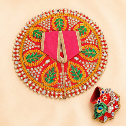 Premium Silk Red Laddu Gopal Poshak | Includes 1 Dress & 1 Designer Mukut