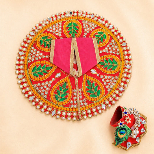 Premium Silk Red Laddu Gopal Poshak | Includes 1 Dress & 1 Designer Mukut