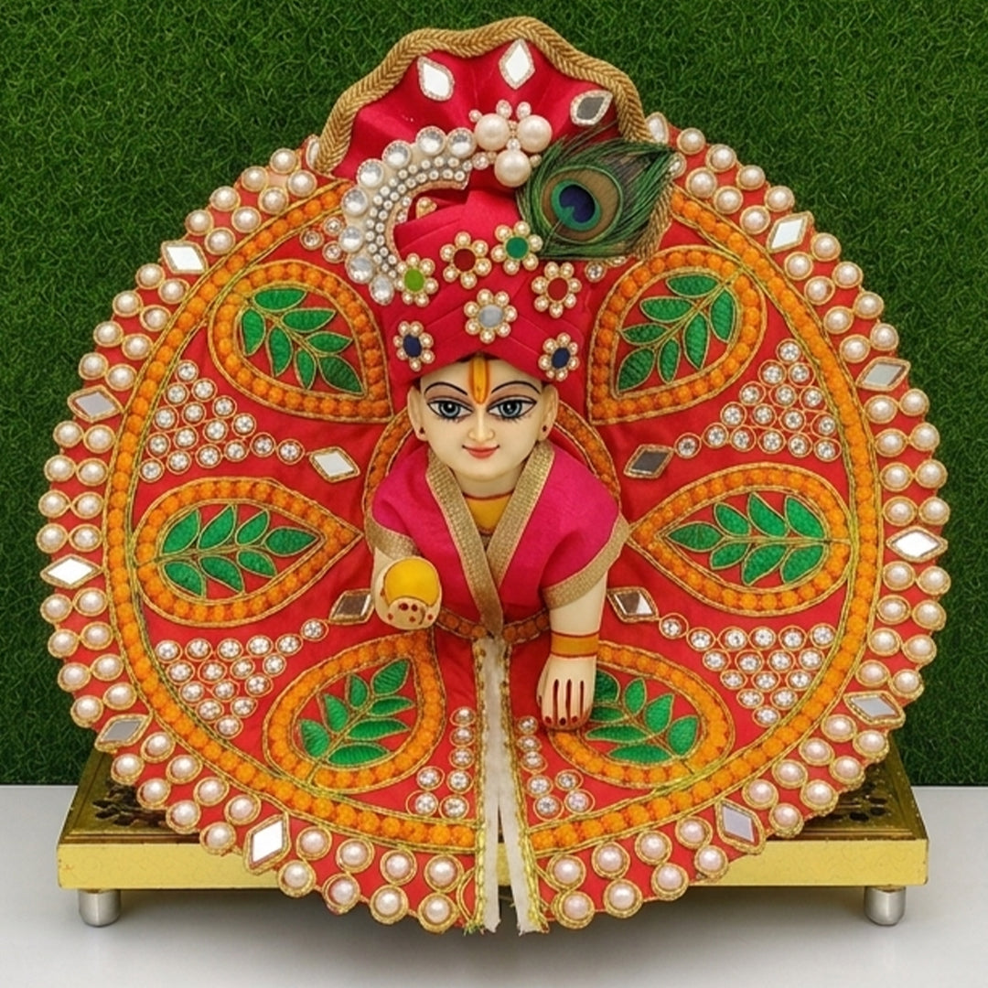 Premium Silk Red Laddu Gopal Poshak | Includes 1 Dress & 1 Designer Mukut