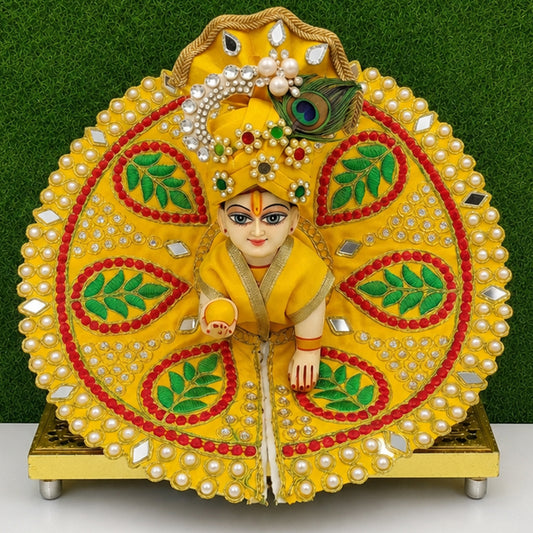 Premium Silk Yellow Laddu Gopal Poshak | Includes 1 Dress & 1 Designer Mukut