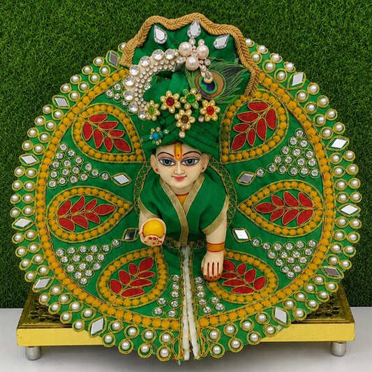 Premium Silk Green Laddu Gopal Poshak | Includes 1 Dress & 1 Designer Mukut
