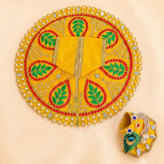 Premium Silk Yellow Laddu Gopal Poshak | Includes 1 Dress & 1 Designer Mukut