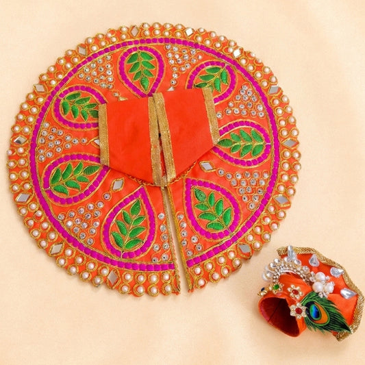 Premium Silk Orange Laddu Gopal Poshak | Includes 1 Dress & 1 Designer Mukut