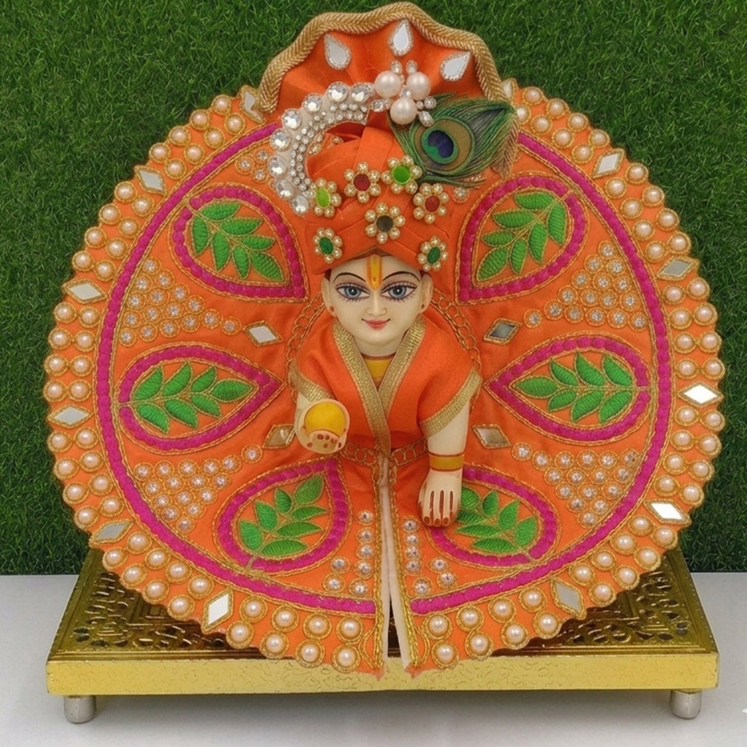Premium Silk Orange Laddu Gopal Poshak | Includes 1 Dress & 1 Designer Mukut