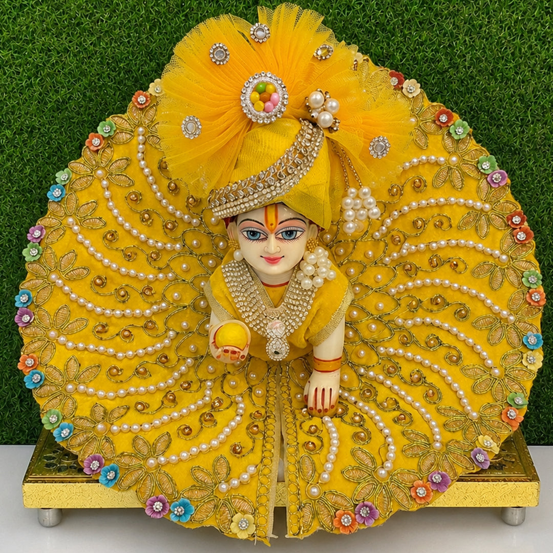 Yellow Silk Kanha Ji Poshak | 1 Dress & 1 Matching Mukut