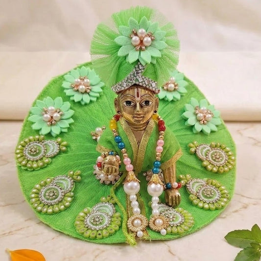 Premium Green Flower Laddu Gopal Dress Set with Pagdi & Mala