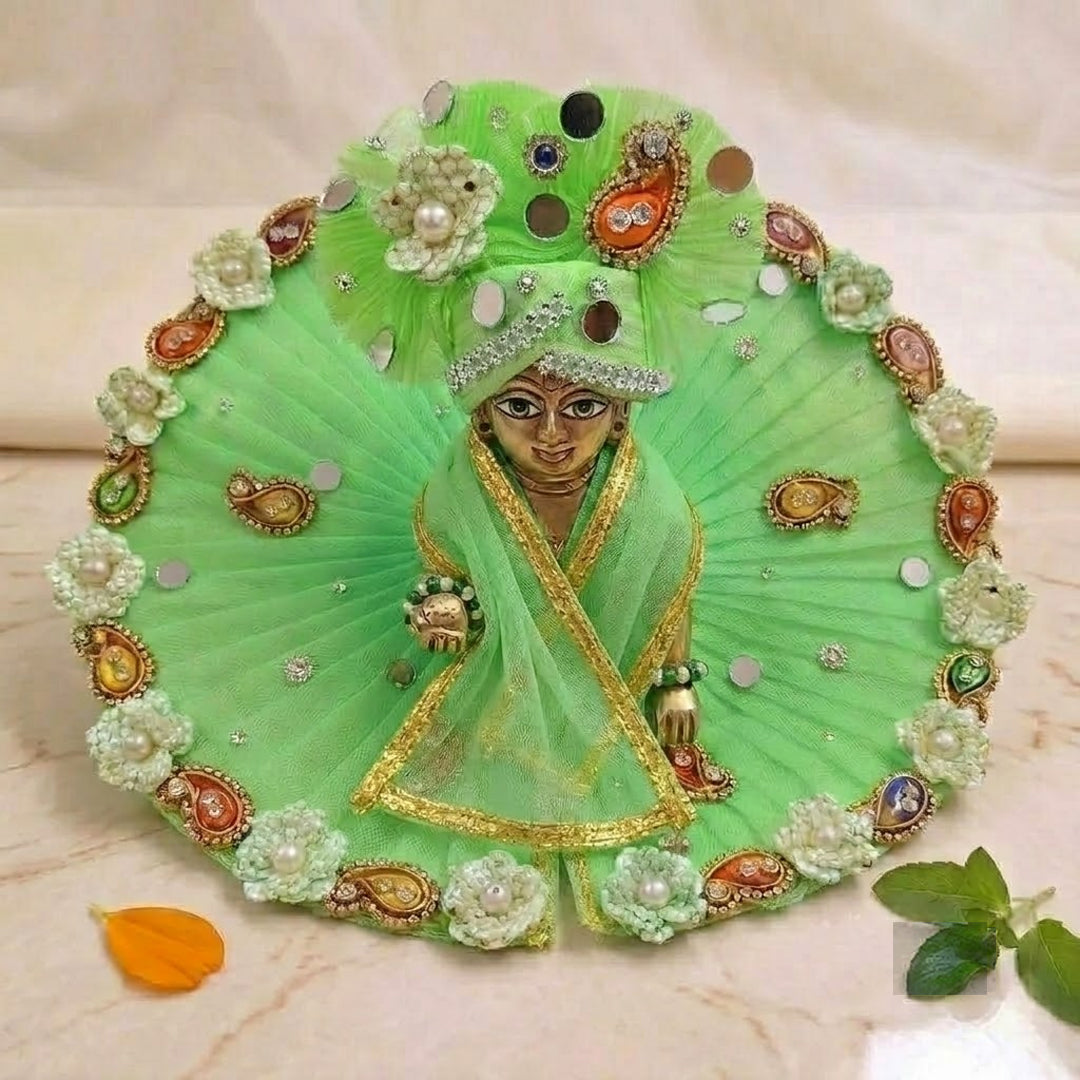 Parrot Green Laddu Gopal Designer Poshak with Mukut & Patka