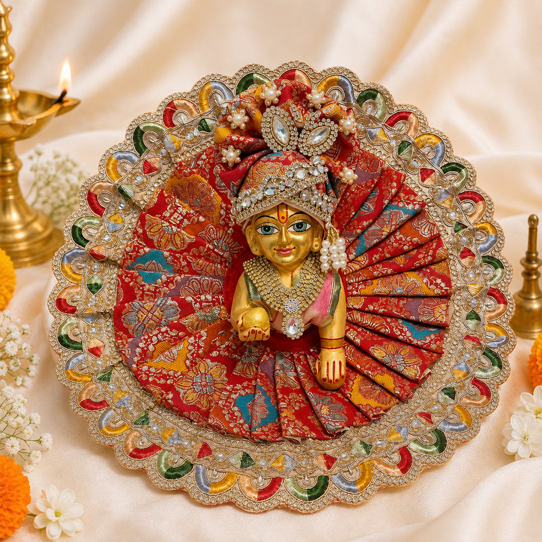 Red Floral Silver Lace Laddu Gopal Dress
