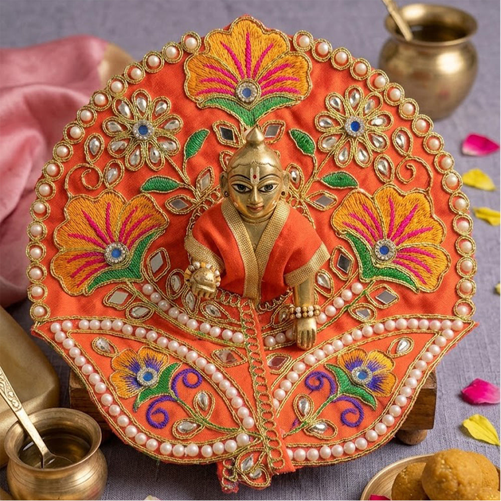 Laddu Gopal Orange Dress with Pearl & Zari Work