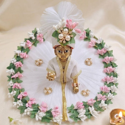 Laddu Gopal White Floral Poshak with Pearl & Gold Embellishments