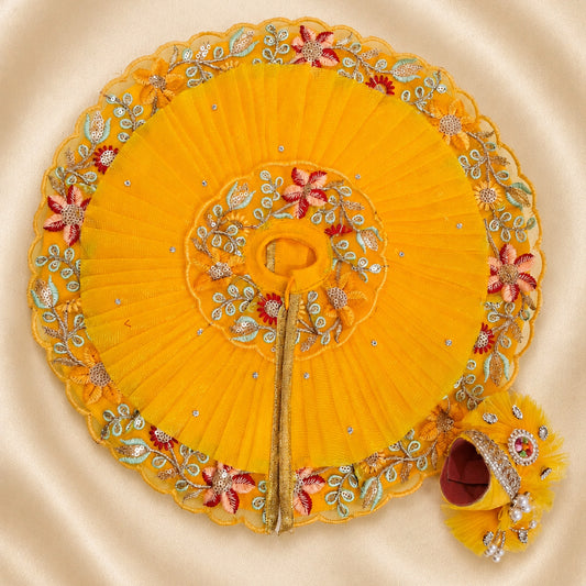 Handcrafted Yellow Laddu Gopal Dress (Poshak) with Mukut | Floral Embroidery Kanha Ji Designer Dress Set